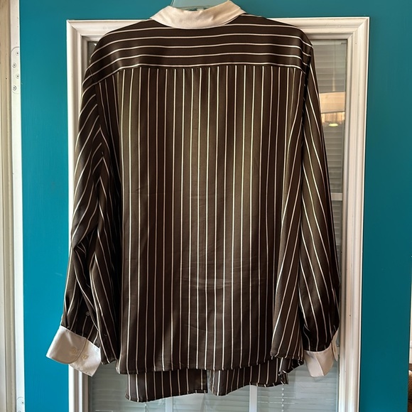 Lauren Ralph Lauren Silk Button Down Blouse Brown With Cream Stripe Sz 20 W - Picture 4 of 4